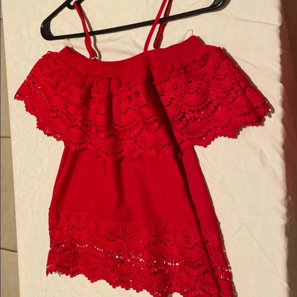 Red lace off the shoulder top